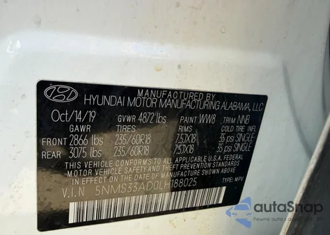 2020 Hyundai Santa Fe Sel from USA, damaged, VIN 5NMS33AD0LH188025